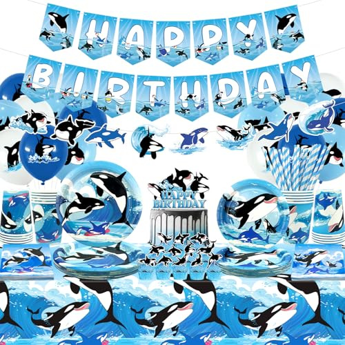 Decorazioni per feste con orca oceanica, striscione di buon compleanno, topper per torte, stoviglie, tovaglia e palloncini per orche assassine, forniture per feste sotto il mare, per 20 persone