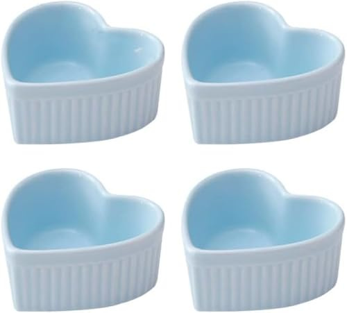 Set Of 4 Ceramic Heart Shaped Porcelain Baking Molds High Temperature Oven Bowl For Baking Cakes Jams Souffle Creme Brulee, Blue