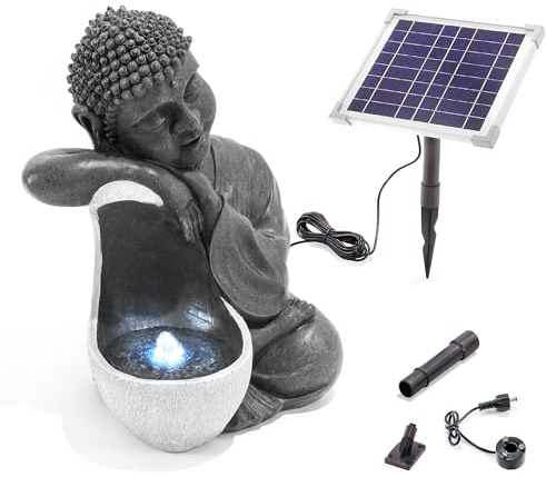 esotec Solar Gartenbrunnen Wasserspiel Buddha außen Akku & LED 101330 | Solar Gartenbrunnen, 6Wp Solarmodul, LiFePO4, LED ww+kw, Polyresin Steinoptik, Trockenlaufschutz, Durchflussregler, H45cm