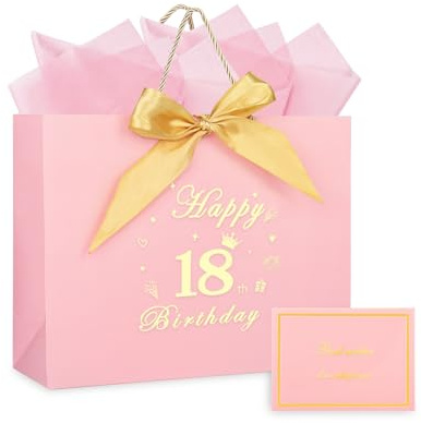 18. Geburtstag Geschenktüte mit Seidenpapier & Karte Große Geburtstags Geschenktasche 32×25×11 cm – Geschenkverpackung für Mädchen