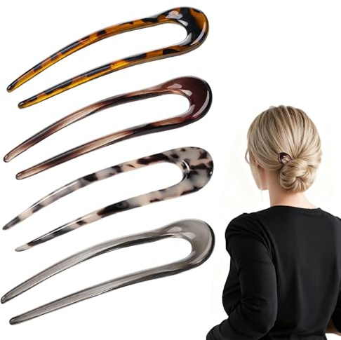 VelvetGlow 4 Stück große französische Haarnadeln für langes Haar, 11,4 cm Schildpatt U-förmige Haargabeln, geeignet für Damen Duttfrisuren, 4 Farben
