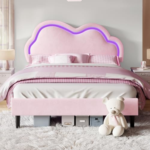 LUXOAK Kinderbett 140x200, Polsterbett mit LED Kopfteil und Stauraum, Rosa | Cloud Design Kopfteil, RGB LED Beleuchtung, App & Fernbedienung, Metallrahmen, 360 kg Belastbarkeit