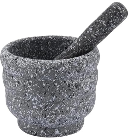 Set med mortel och mortel set av granitkrukor, vitlök enhet, mortelstöt, hemmakök, keramiska murbruksverktyg, kvarn