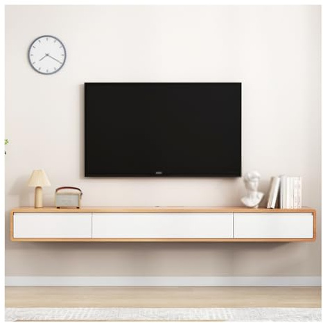 Mensola sospesa per TV con 2 cassetti, moderna console multimediale da parete, per soggiorno e camera da letto, finitura bianca e legno, 140 cm