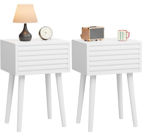 YMYNY Nachttisch 2er Set, Beistelltisch, Mid-Century-Modern Nachtschrank mit Drucktüröffner, Massivholz Beinen, 35x27x53 cm, Sofatisch, Couchtisch für Wohnzimmer, Schlafzimmer Weiß HST018W-2