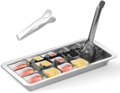 Sesaver Stainless Steel Ice Cube Tray, 18-Slot Vintage Metal Ice Cube Maker with Easy Release Lever Handle and Ice Tongs, Eco-Friendly Plastic-Free Ice Mould for Whiskey, Cocktails & Freezer