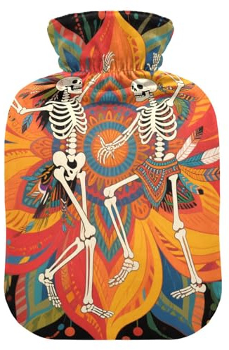 Bolsa de agua para botella de agua con diseño de mandala bohemio y esqueleto humano (2) con funda suave, bolsa de agua caliente de 2 litros para calentador de abdomen, calentador de abdomen