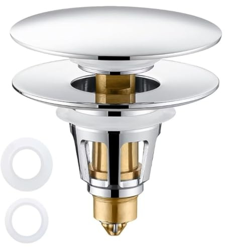 FUANA Pop-Up Sink Stopper for Kitchen or Bathtub, Brass Drain Valve with Built-in Filter for Hair and Debris, Tool-Free Installation, Silver (6.3 x 6.3 x 8.1 cm) Door Lock