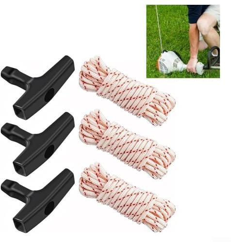 BlesConi Kit de cuerda de arranque de retroceso con mango de mano, paquete de 3, 10 m de longitud, 3 mm/3,5 mm/4 mm de diámetro, para motosierra, cortacésped, soplador de hojas