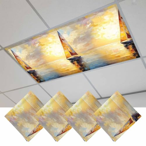 Fluorescent Light Covers, Nautical Ship Magnetic Light Covers for Ceiling Lights, Modern Oil Painting Abstract Fluorescent Ceiling Shade Filters for Classroom Bedroom Office 4x2Ft x 4PCS