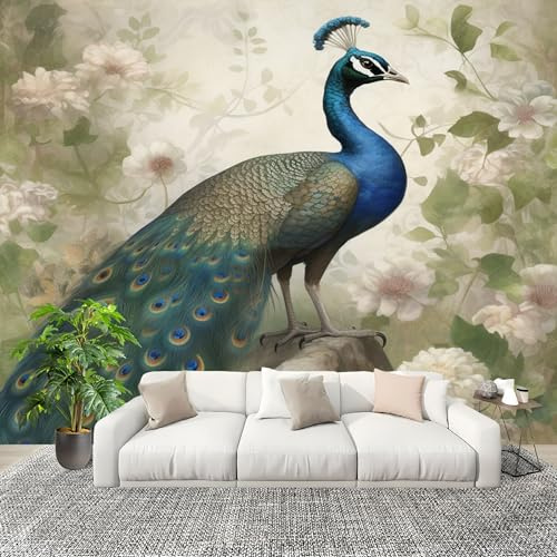 Papel Tapiz 250x175cm Animales Pavo Real Flores Decoración De Pared Sala Cuarto Oficina Salón Gris Claro Fotomural limpiable - Mural de Papel Pintado