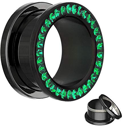 Kristall Flesh Tunnel in Schwarz - mit Grünen Kristallen - 17 Größen: 2 - 30mm - schraubbar - mit Kristallschutz! - Piercing Ohr Flesh Tunnel aus schwarzem Chirurgenstahl 316L (nickelfreier Edelstahl)