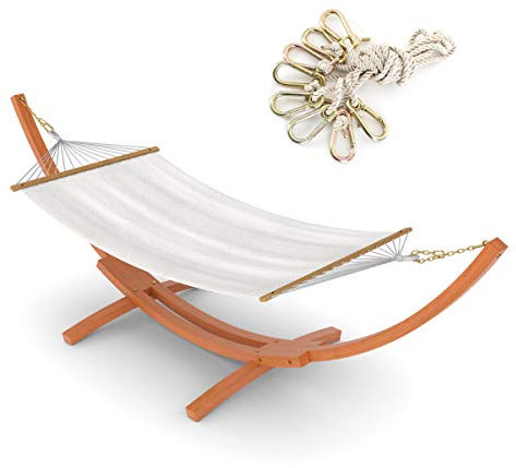 Ampel 24 Outdoor Hängematte mit Gestell Madagaskar 400 cm und Sicherung, Hängemattengestell Holz Eukalyptus - Stabhängematte wollweiß Baumwolle, Braun/Reisweiß