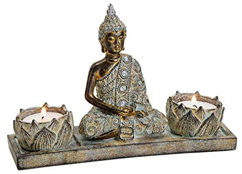 Buddha mit 2 Teelichthalter aus Poly grau/braun B20xH13xT6cm
