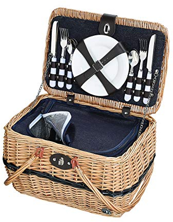 cilio Picknick-Korb IDRO, Für 4 Personen, Geflochtener Korb mit Deckel, Picknickkorb mit Kühlfach inklusive Teller Set aus Keramik, Besteck und Gläsern, Weidenkorb mit Tragegriffen, Hellbraun