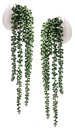Tiita Artificial Succulents Hanging Plants, Faux String of Pearls Plants for Home Office Accessories Window Sill Bathroom Bedroom Fake in White Ceramic Pots, Set of 2