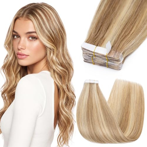 Silk-co Extensiones de cabello humano Remy real con cinta, 10 unidades, 12 pulgadas, #12P613, marrón dorado y rubio decolorado, sin costuras, cinta adhesiva en extensiones de cabello humano lacio
