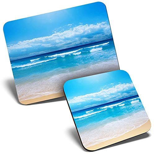 Mouse Mat & Coaster Set - Beach Scene Seaside 23.5 x 19.6 cm & 9 x 9 cm for Computer & Laptop, Office, Gift, Non-slip Base #8962