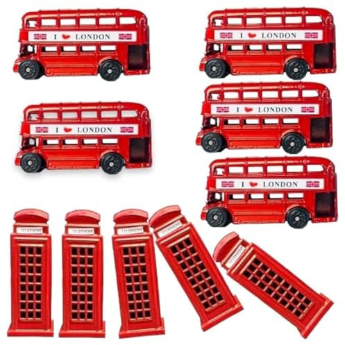 Kühlschrankmagneten, Motiv: London, 3D-Bus und Telefonzelle, aus Druckguss-Metall, Britisches London-Souvenir, 3D-Bus und Telefonzelle, 10 Stück