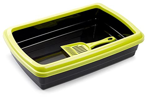 Arenero/Gatera para Gatos - Fabricado en España - Incluye Pala - Productos para Mascotas, Arena y Limpieza del hogar, arenero de Gato con Pala - 47 x 31 x 11 cm - Color Negro (Marco Verde)