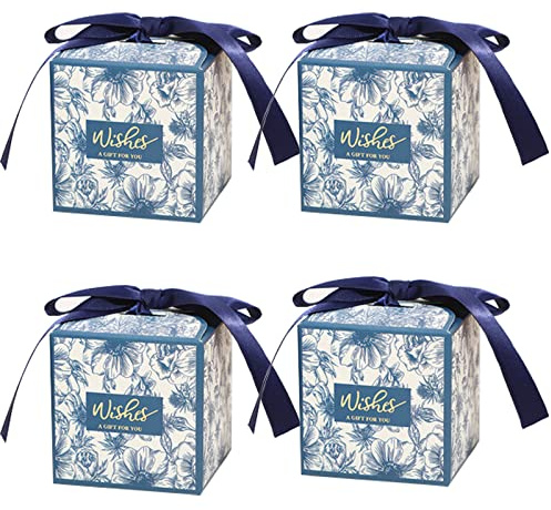 Kub bröllopslådor med band, 50 st kreativa papperslådor, blå godisaskar, chokladlådor förpackning för bröllop, årsdag, födelsedagsfest, brud, jul, 7 x 7 x 7 cm