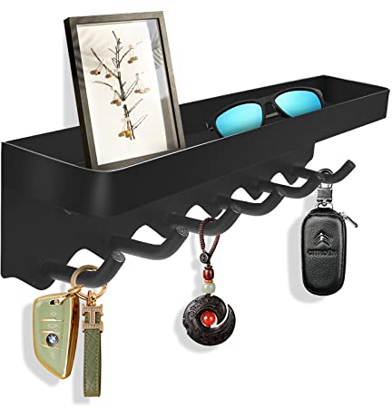 Schlüsselbrett, Schlüsselregal, Modern Schlüsselhalter, schlüsselboard, Schlüsselbrett Schwarz, Hakenleiste Metall Schlüsselbrett mit Ablage, Selbstklebende Schlüssel 6 Haken für Flur Büro Küche