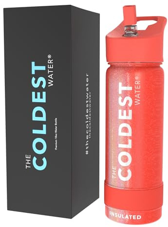 Coldest Insulated Water Bottle with Straw Lid - Stainless Steel Metal Insulated Bottle for Men & Women (Mars Red Glitter, 18 oz)