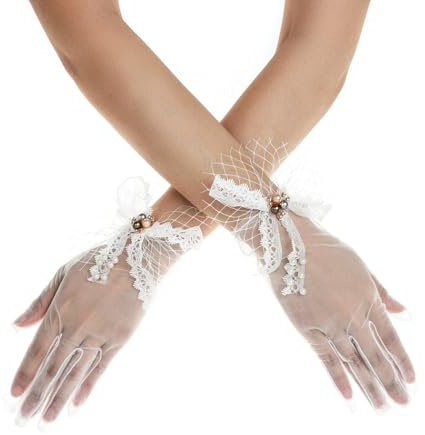 IYOU Braut Hochzeit Handschuhe Perle Weiß Handschuh Spitze Abschlussball Party Braut Handschuhe zum Woemn