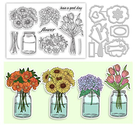 GLOBLELAND Flowers Vases Theme Clear Stamps and Die Cuts Sunflowers Tulips Paks Hydrangeas Silicone Stamps Cards and Metal Cutting Dies for Card Making and DIY Embossing Scrapbooking