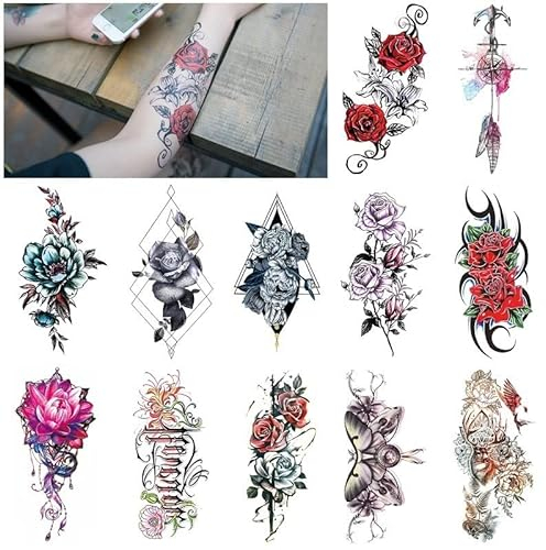 INTEROOKIE 12 STÜCKE/Paket Tattoo-Set Tattoo-Aufkleber Wassertransfer Tattoo-Simulation sexy Tattoo-Rose-Aufkleber
