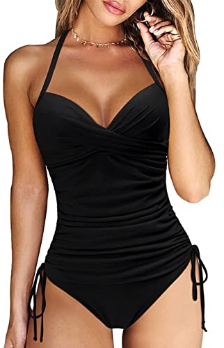 Yutdeng Tankinis Mujer Traje de Baño 2 Piezas Bañador Reductor Vientre Plano Bikini Push Up con Aros con Tanga Tankini Cuello V Correas Laterales Bañadores Deportivos Mujer Natacion,Negro,L