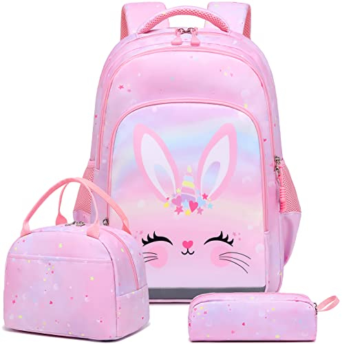Kimwadalh Mädchen Rucksack für Kinder Schulrucksack Einhorn Kaninchen Kinder Schultasche 3 tlg. Schultaschen Sets Mädchen Schulranzen Rucksack mit Brustgurt für Schule 1-3 Klasse
