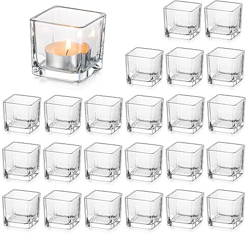 Glasseam Set di 24 Portacandele in Vetro Trasparente, Portacandele Quadrati di Piccole Dimensioni, Portacandele Natalizi per Il Tavolo del Soggiorno, Portacandele Moderni per Centrotavola di Nozze