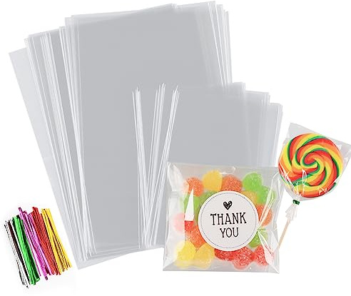 200 Süßigkeiten Tüten OPP Geschenktüten Cellophantüten groß 15x10cm und 10x7cm celofantüten mit Metallbändern und Aufkleber Transparent Zellophantüten Süßigkeiten Tüten für Plätzchen Chocolate