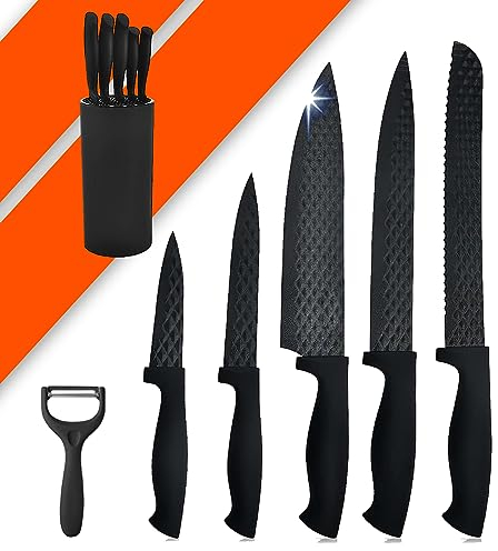 Bonplus BP | Set Cuchillos de Cocina con Soporte | Juego de Cuchillos Profesionales | Set de 6 Piezas | Pelador de Patas y Verduras | Soporte de Plástico