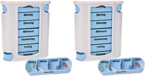 KAMACA 2 er Pack (= 2 Stück) praktischer Medikamentendosierer 14 Tage mit 4 Fächern pro Tag, Pillendose,Pillenbox, Tablettenbox, Wochendosierer (2er Set - 2 Wochen)