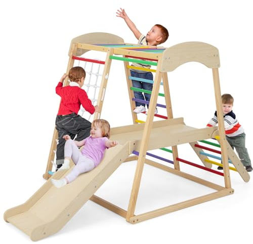 COSTWAY Parque Infantil para Interior 6 en 1, Montessori Parque Infantil Barras, Tobogán, Cuerda y Escaleras de Madera, Juego Escalador de Juguete con Anclajes para Niños 1+ Año (Multicolor)