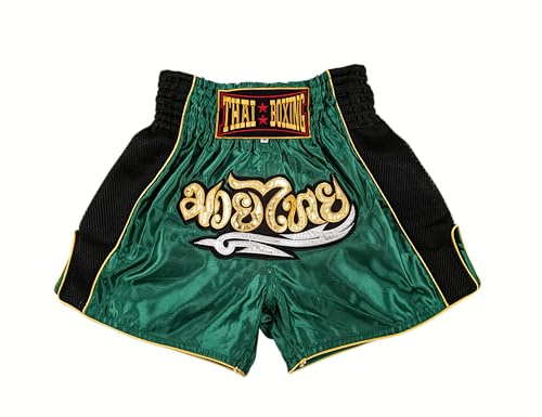 MUAY NATION Muay Thai shorts för män kvinnor smal skärning MMA boxning shorts träning kickboxning kläder kampsport koffertar, Klassisk grön, XL