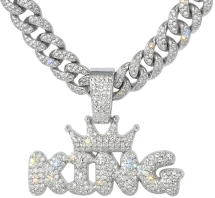 LCWLJL Silver crown letters KING Hip-hop Cuban Chain, Pendant Miami Cuban Link Chain for Men, Gold/Silver Plated Diamond Necklace, Iced Out Hip Hop Necklace