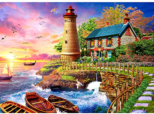 1000 Teile Puzzle Erwachsene, Impossible Geschicklichkeitsspiel für die Ganze Familie, Farbenfrohes Legespiel - Leuchtturm am Meer, Home Dekoration