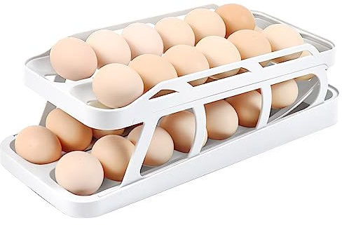 FREMON Eier Aufbewahrung Kühlschrank, Doppelreihe Eierhalter mit Automatisch Rollender, 2 Etagen Egg Holder, Eier Organizer, Eierspender ideal für Organizer von Kühlschränken und Küchen