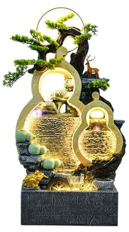 Fuente de agua de piso Fuente de agua de calabaza de pie, fuente independiente for interiores con niebla de agua, luces LED y vegetación simulada, decoración del hogar de oficina Feng Shui for buena s