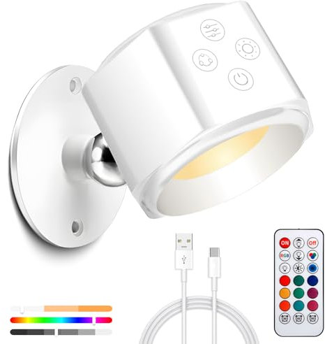 BGIUSQF Applique da Parete Interno, Applique LED, Applique Camera da Letto Con Telecomando, Ruota di 360°, Luminosità Regolabile in 3 Colori + 6 Colori RGB, Abat Jour da Muro, Lampada da Parete