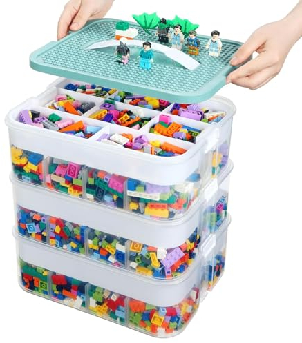 alouweekuky Contenitore Giochi Bambini per Lego, Contenitori Plastica con Coperchio, 3 Strati Grande Scatole Plastica Impilabili Trasparenti con Scomparti per Riporre I Giocattoli dei Bambini