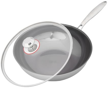 Wok antiadherente de titanio puro con tapa de vidrio | Estofado multiusos para hervir a fuego lento | Acabado con revestimiento antiadherente | Sartén para todos los tamaños de porciones (A 32 cm) (A