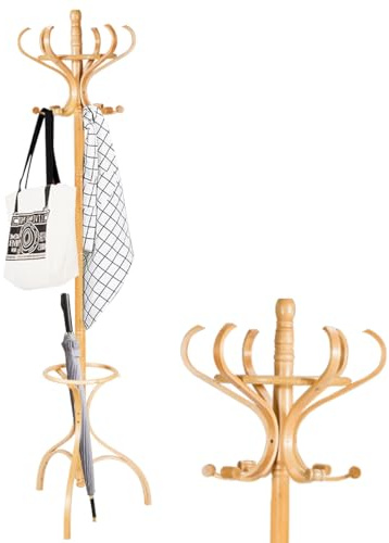 HOMASIS 182cm Kleiderständer, Garderobenständer mit 12 drehbaren Haken & Schirmständer, Jackenständer Garderobe aus holz für Mänteln, Hüten & Taschen, Standgarderobe für Schlafzimmer & Flur (Natur)