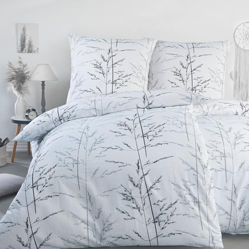 BaSaTex Seersucker Bettwäsche Set, 4-TLG., 135x200 cm, Gräser Weiss | Seersucker Baumwolle, Öko_Tex Zertifiziert, Bettgarnitur mit Struktur, Reißverschluss