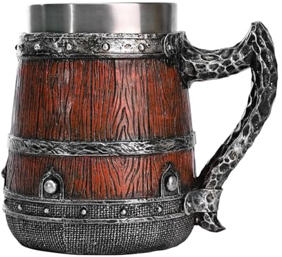 Tuxxjzm Chope à bière en acier inoxydable, tasse de taverne - Tasse à cocktail à double paroi en acier inoxydable, tonneau en bois simulé, 550ml avec poignées,Accessoires de bière pour hommes, grandes
