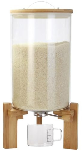 Vinbcorw Rice Dispenser Cereal Dispenser Storage Box with Lid Kitchen Airtight Dispenser Storage Container for Rice Grain Storage 5L/8L with Wooden Stand Measuring Cups,8L