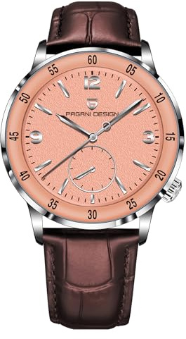 Pagani Design Herren-Automatikuhr Leicht ablesbares großes Zifferblatt Mechanische Uhr Synthetisches Saphirglas 100 Meter wasserdicht Ultraflache Herren-Lederuhr（Curry mit Silber und Gold）